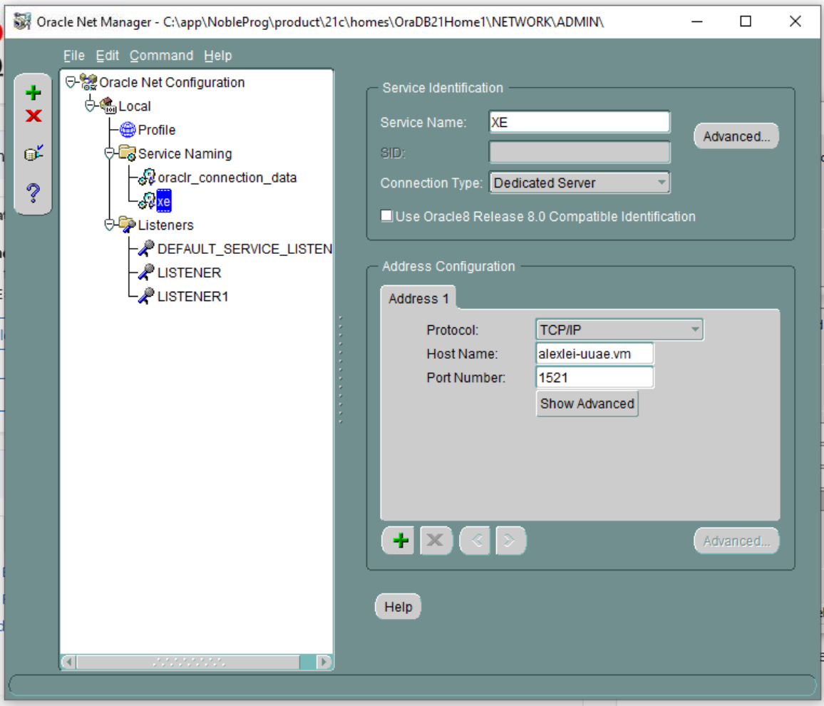 Oracle Net Manager Service Details