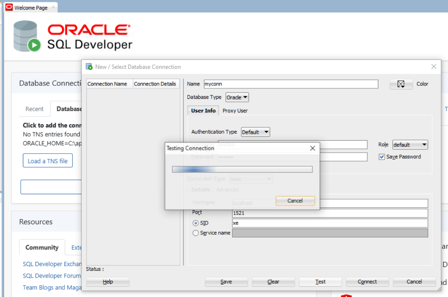 Oracle SQL Developer connection test