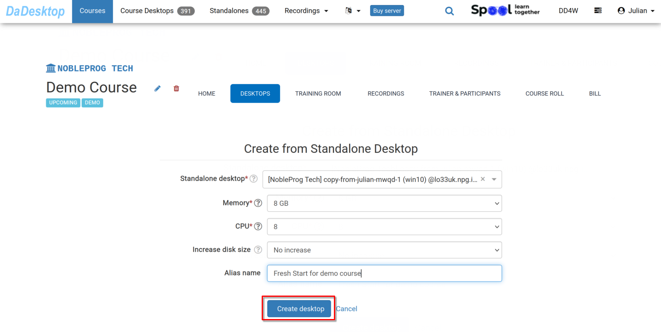 Crear desde independiente, cambiando cpu, memoria, espacio en disco