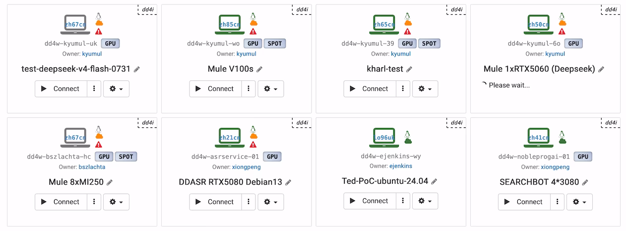 Escritorios en la nube habilitados para GPUs listados en la consola de DaDesktop