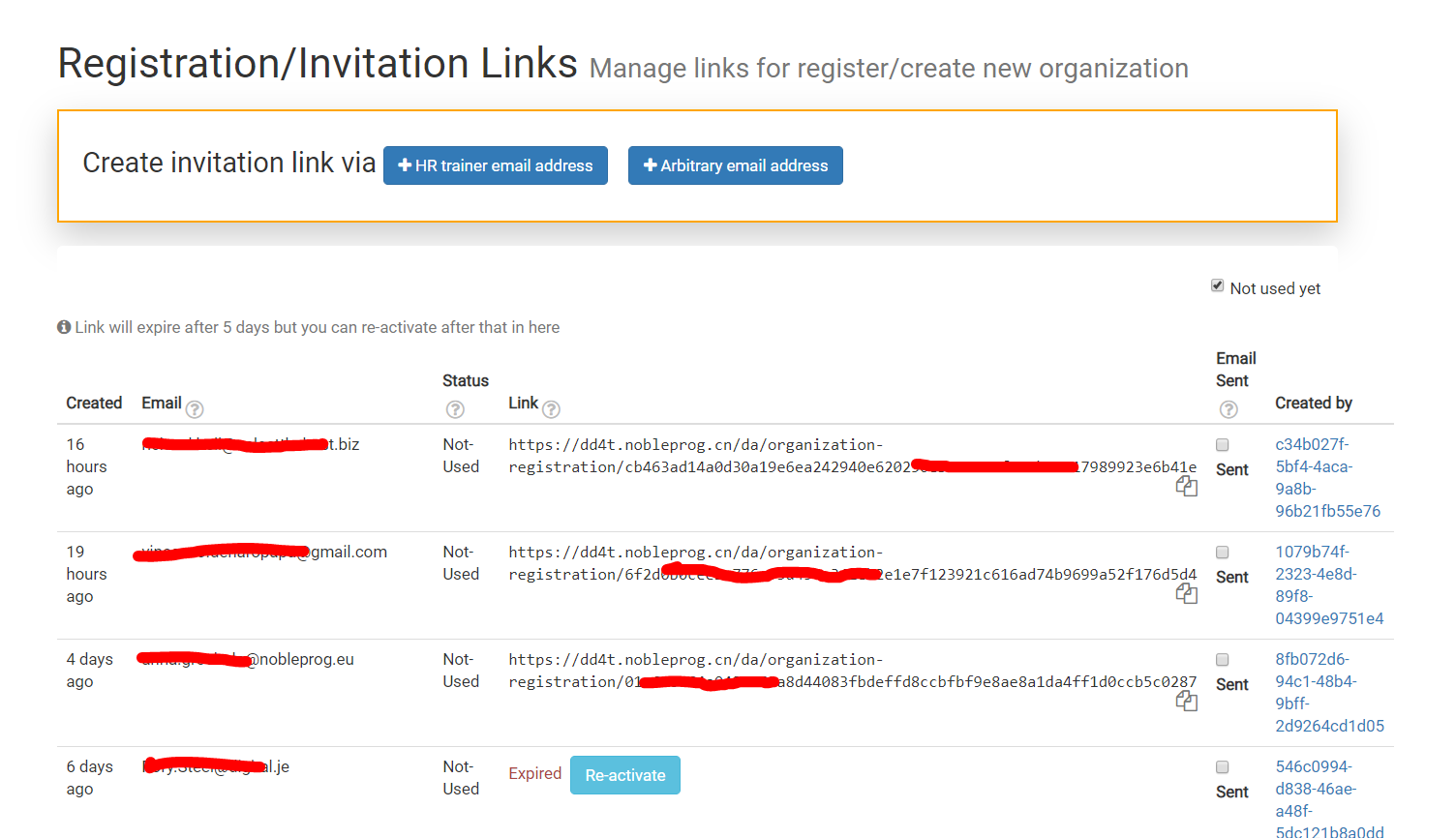 Registration invite links