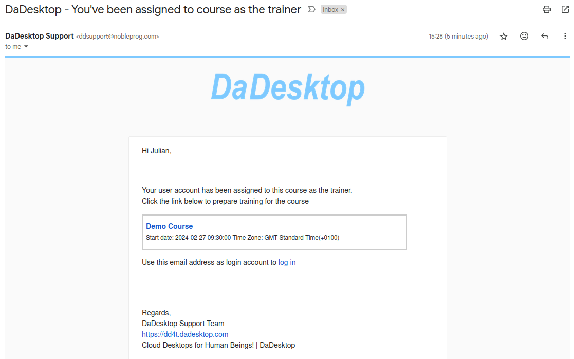 El instructor recibe un correo sobre la asignación del curso